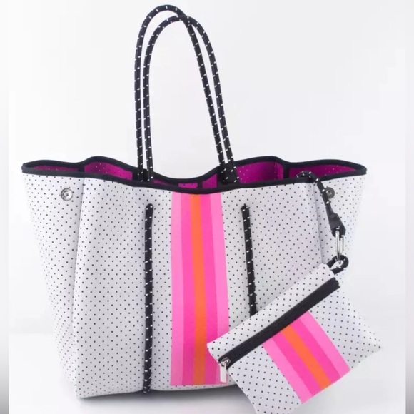 NEOPRENE TOTE, White with Pink & Orange Stripe, detachable pouch, beach tote - Picture 3 of 12